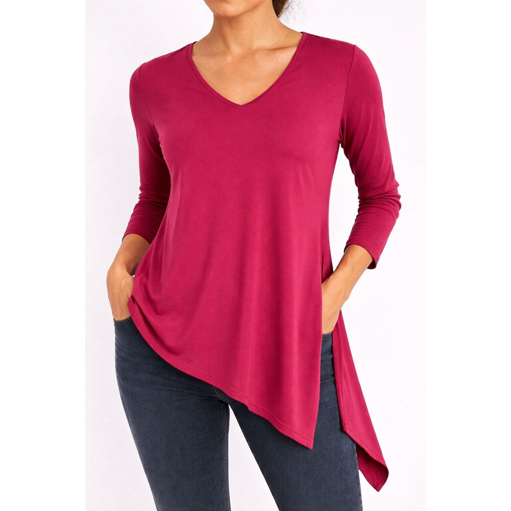 Chico’s 00P XSP Pink Modal V Neck Asymmetrical Hem Long Sleeve Top Petite